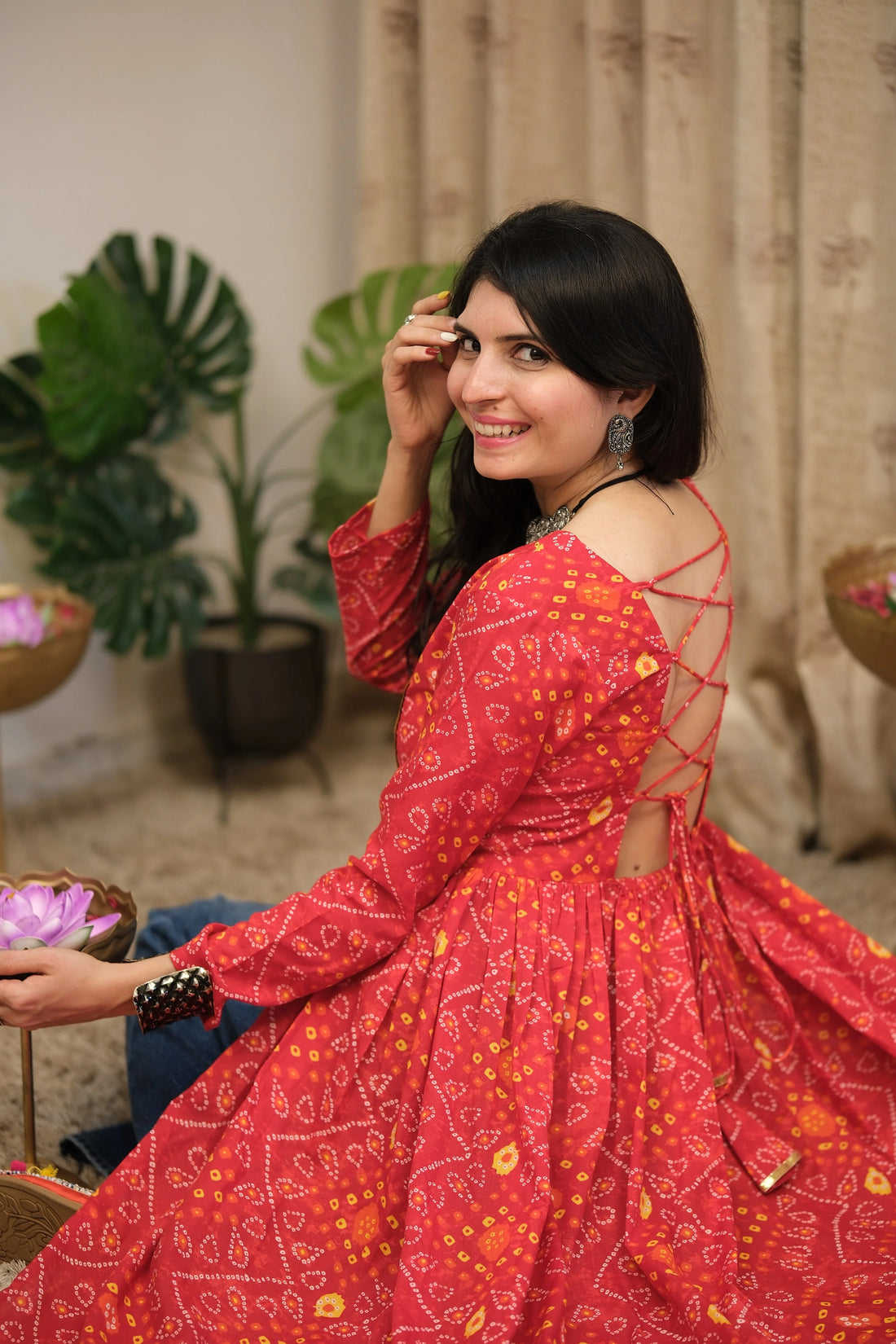Red Cotton Blend Bandhani Print & Embroidered front Slit Navratri Special Long Kurta