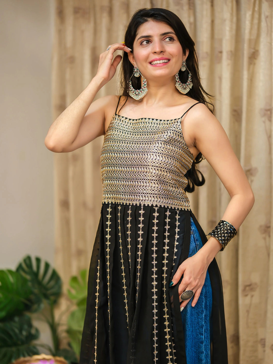 Black Georgette Embroidered Straight Strappy Long Kurta