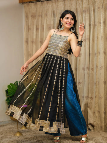 Black Georgette Embroidered Straight Strappy Long Kurta