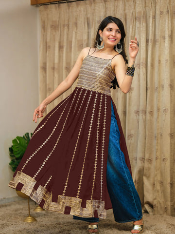 Brown Georgette Embroidered Straight Strappy Long Kurta