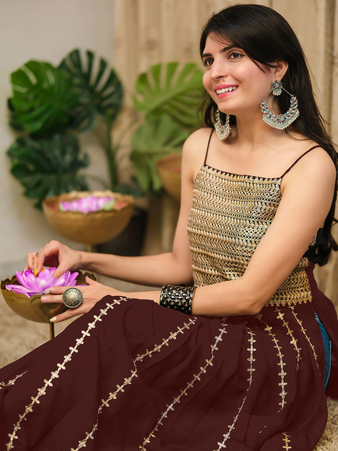 Brown Georgette Embroidered Straight Strappy Long Kurta