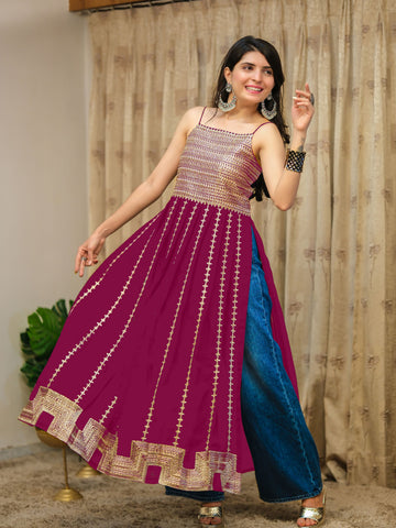Red Georgette Embroidered Straight Strappy Long Kurta