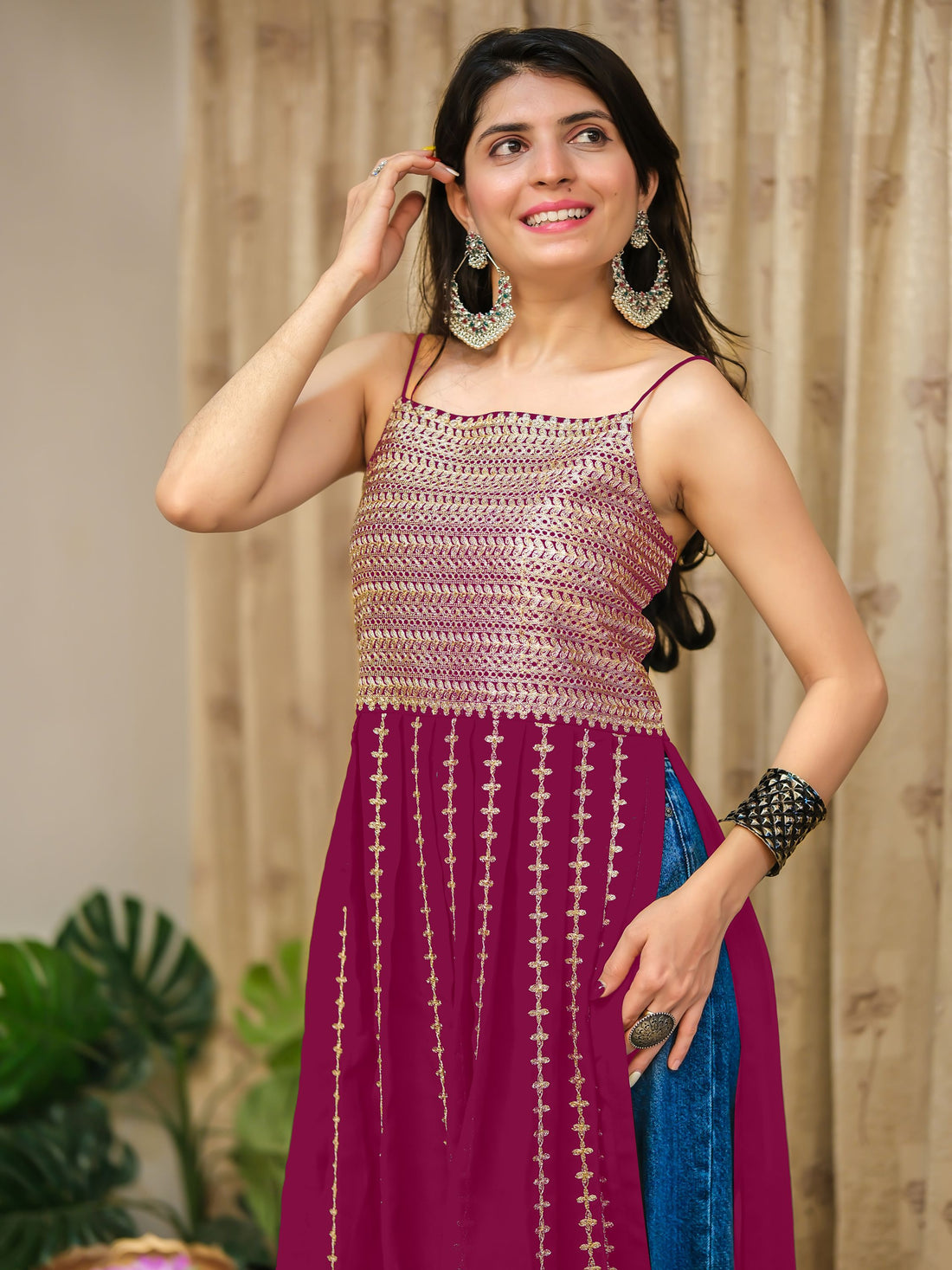 Red Georgette Embroidered Straight Strappy Long Kurta