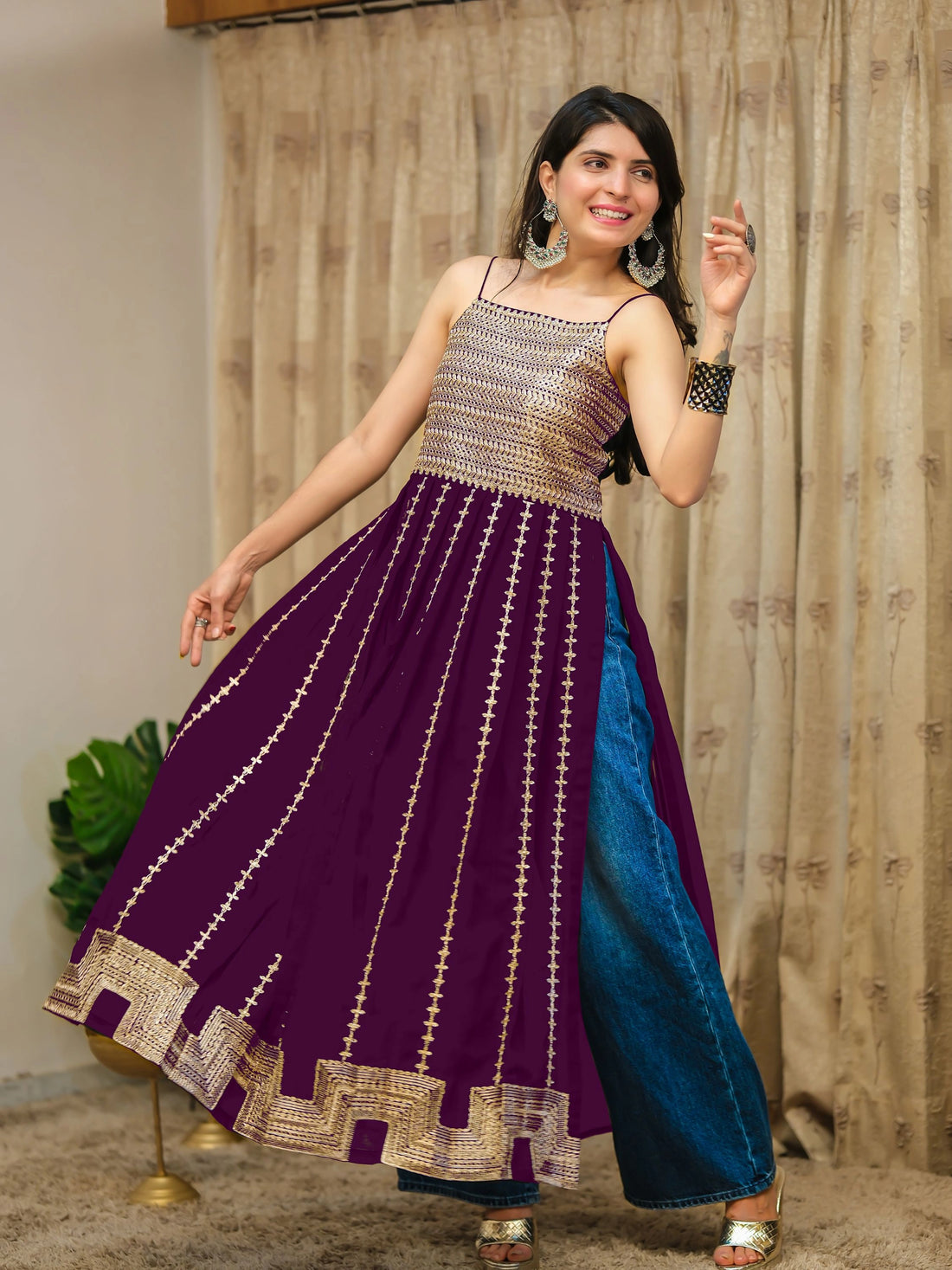 Wine Georgette Embroidered Straight Strappy Long Kurta
