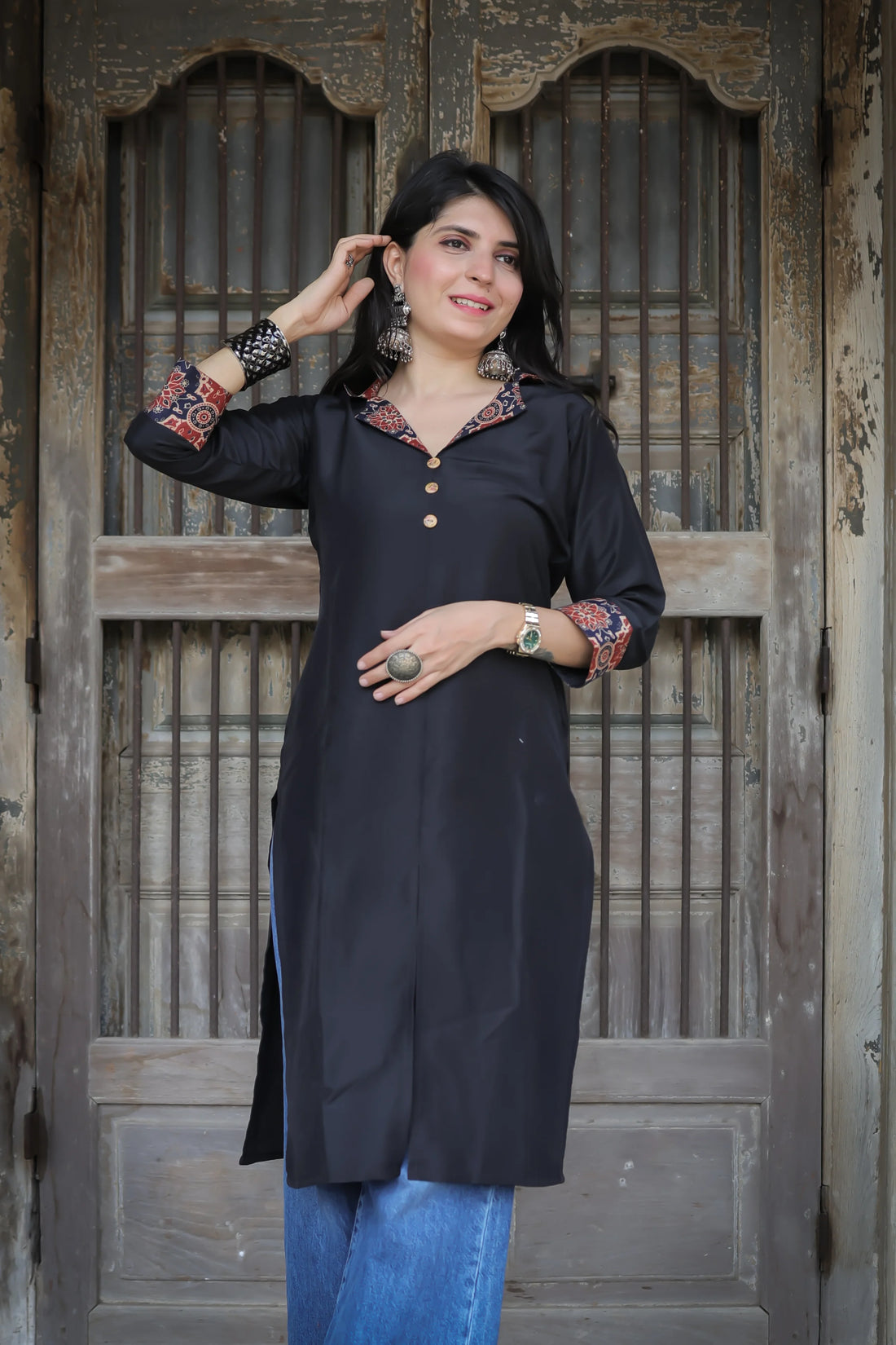 Black Cotton Silk Solid Straight Side Slit Long Kurta