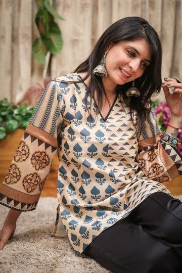 Silk Blend Printed Staright fit Tunic Short Kurti (Beige)