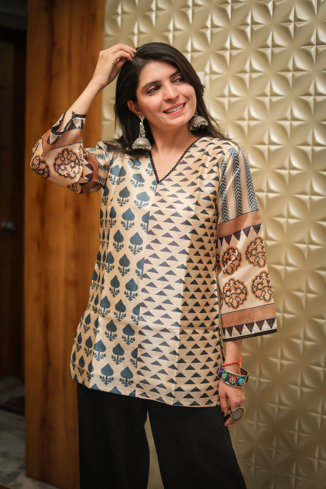Silk Blend Printed Staright fit Tunic Short Kurti (Beige)