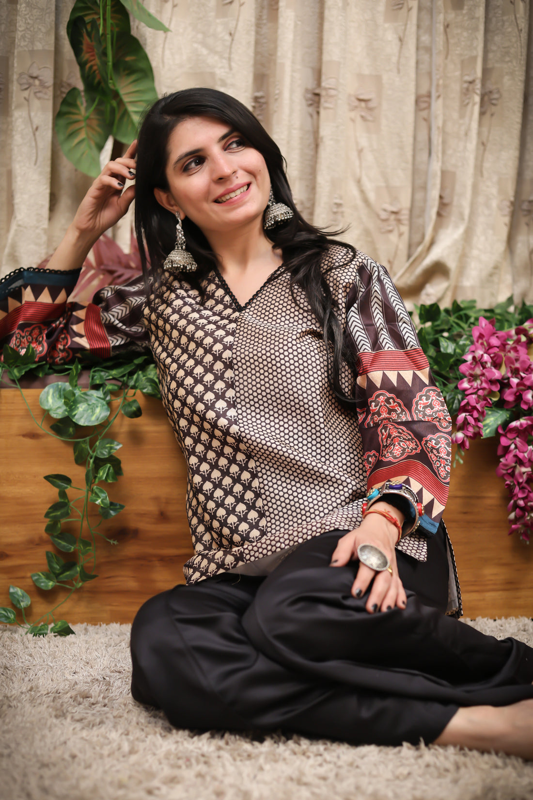 Silk Blend Printed Staright fit Tunic Short Kurti (Black)