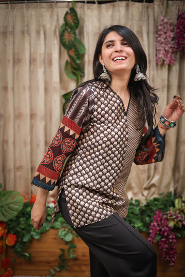 Silk Blend Printed Staright fit Tunic Short Kurti (Black)