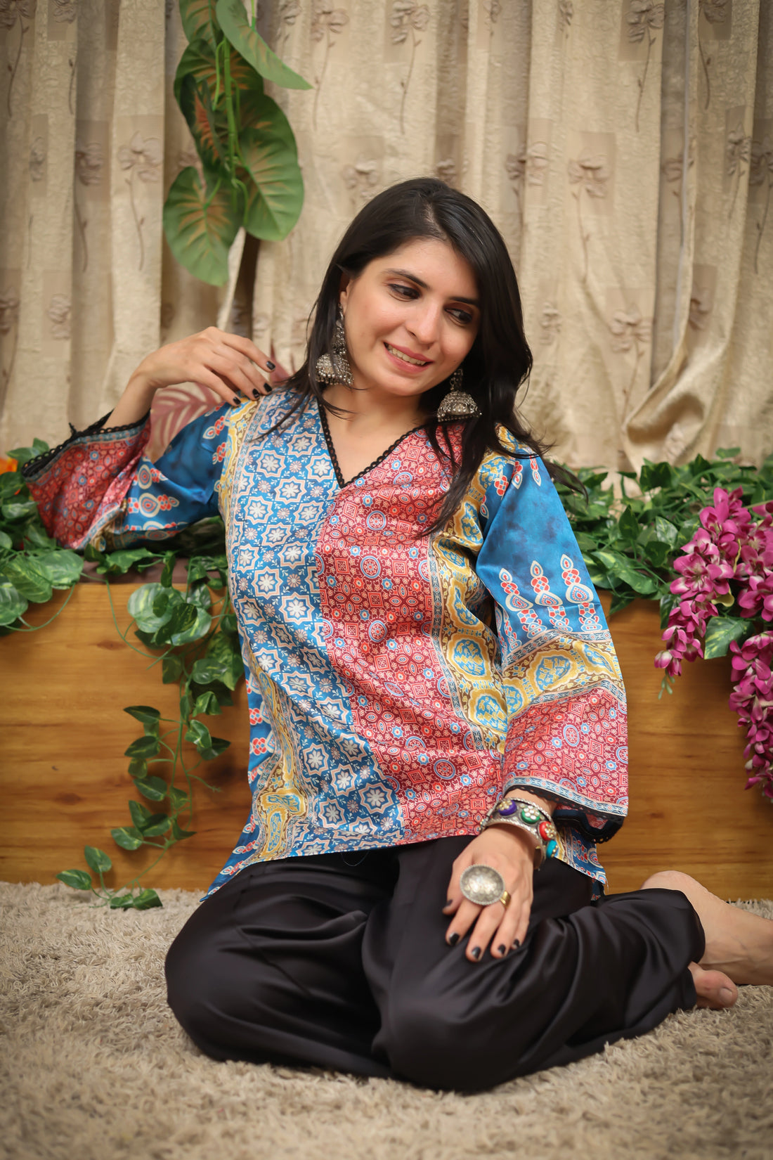 Silk Blend Printed Staright fit Tunic Short Kurti (Blue)