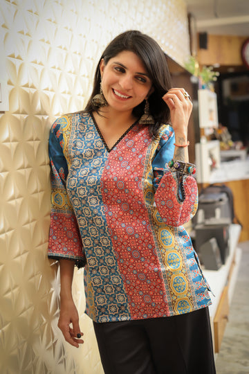 Silk Blend Printed Staright fit Tunic Short Kurti (Blue)