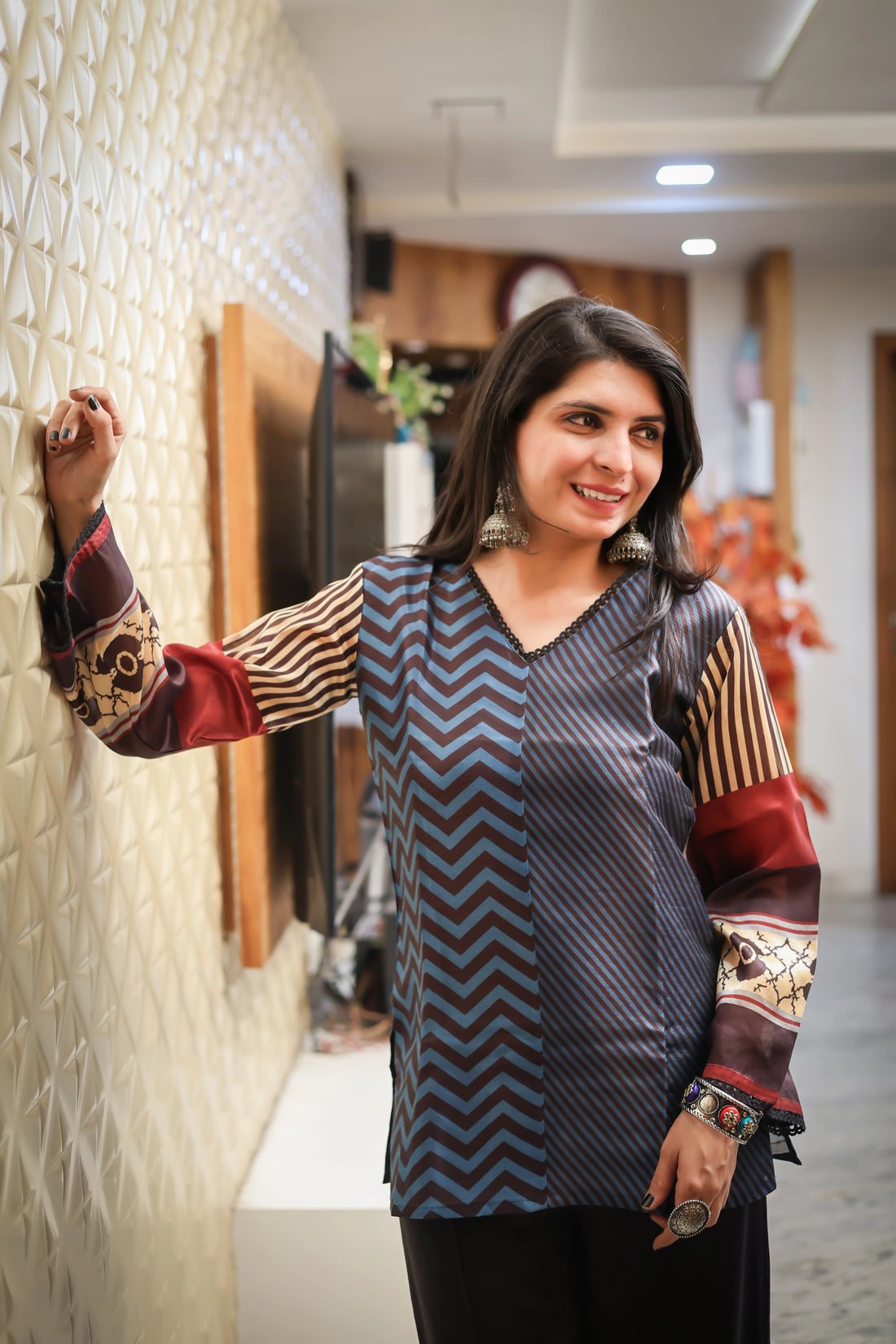 Silk Blend Printed Staright fit Tunic Short Kurti (Navy Blue)