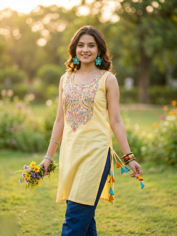Lemon Yellow Cotton Blend Yoke Embriodery Sleeveless Kurta With Tassles and Kodi