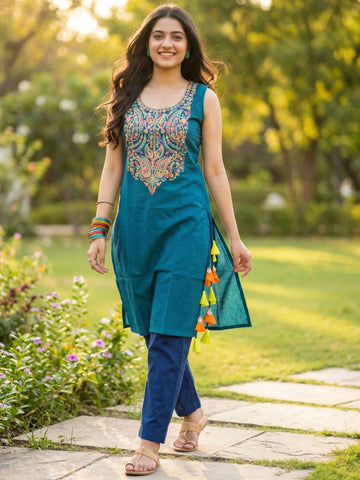 Teal Blue Cotton Blend Yoke Embriodery Sleeveless Kurta With Tassles and Kodi