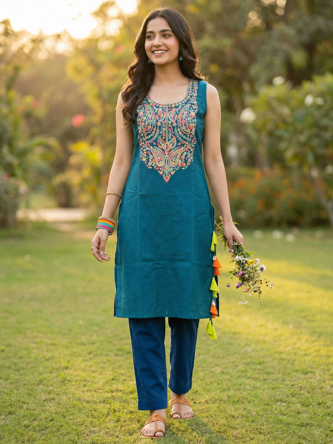 Teal Blue Cotton Blend Yoke Embriodery Sleeveless Kurta With Tassles and Kodi