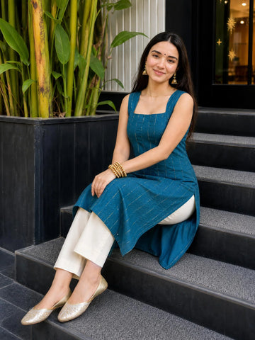 Teal Silk Blend Zari Work Sleeveless Straight Kurta