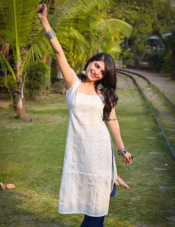 Silk Blend Zari Embroidery Sleeveless Straight White Kurta for summer