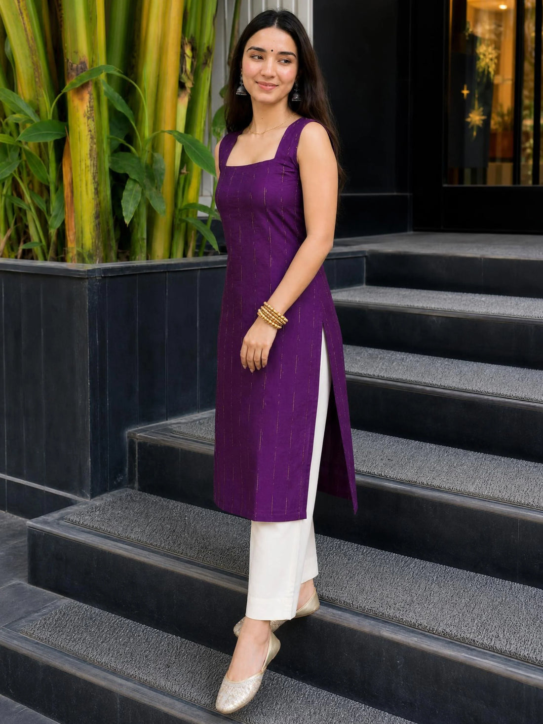 Wine Silk Blend Zari Work Sleeveless Straight Kurta