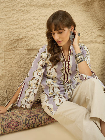 Cotton Blend Floral Print Summer Wear Straight Short Kurti (Lavender)
