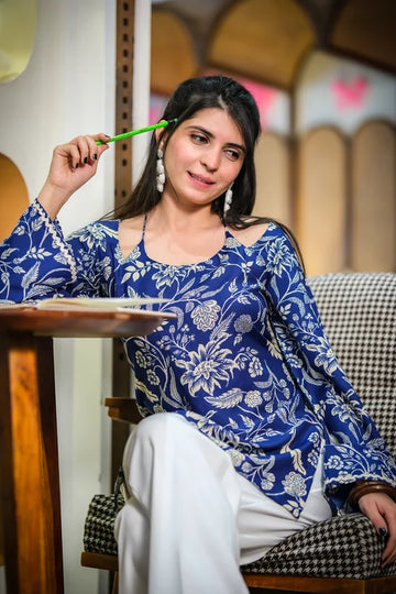 Blue Rayon Floral Printed Straight Bib Yoke Neck Short Kurti