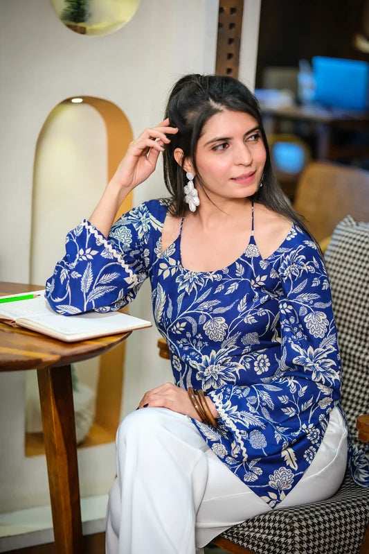 Blue Rayon Floral Printed Straight Bib Yoke Neck Short Kurti