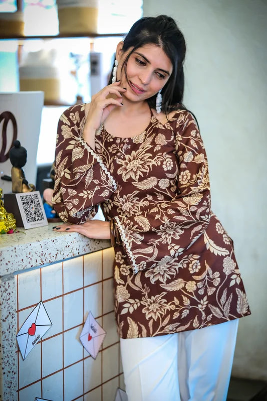 Brown Rayon Floral Printed Straight Bib Yoke Neck Short Kurti