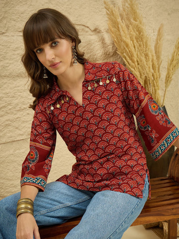 Maroon Viscose Rayon Ethnic Motif Printed Straight Navratri Short Kurti