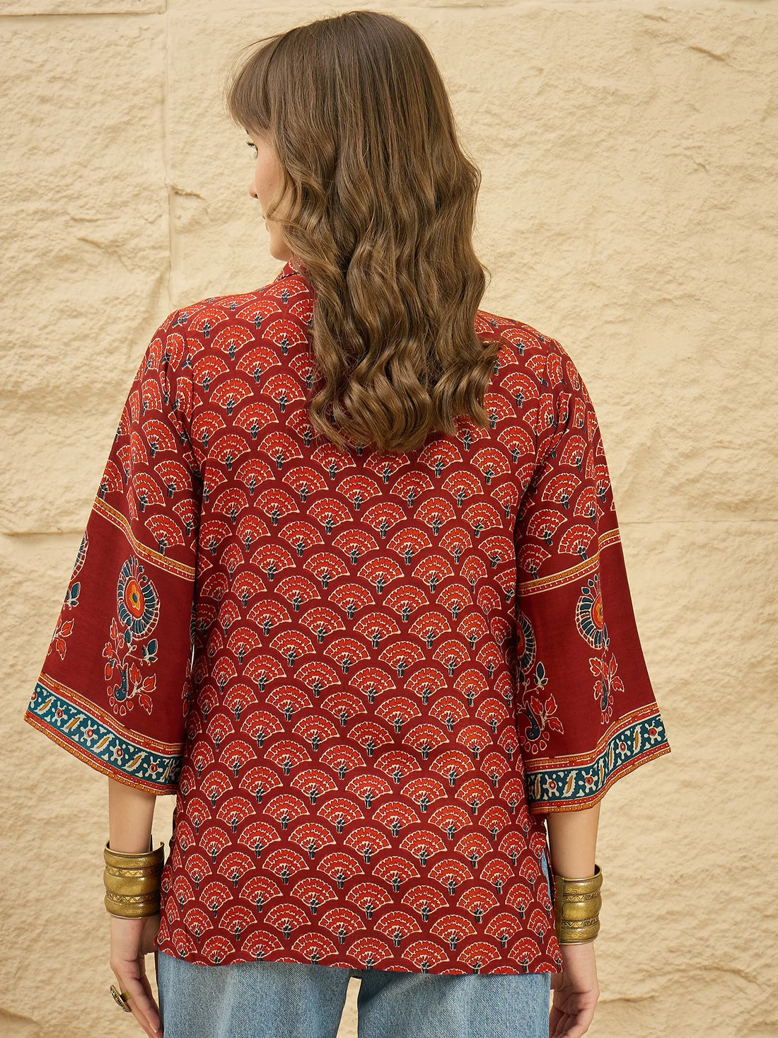 Maroon Viscose Rayon Ethnic Motif Printed Straight Navratri Short Kurti