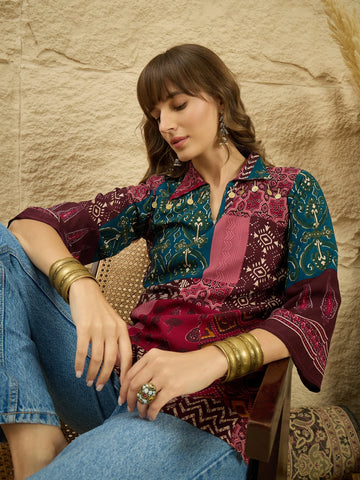 Wine Viscose Rayon Ethnic Motif Printed Straight Navratri Short Kurti