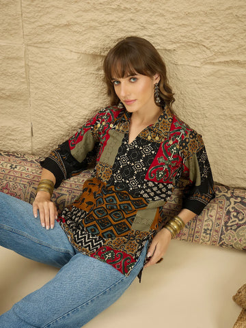 Black Viscose Rayon Ethnic Motif Printed Straight Navratri Short Kurti