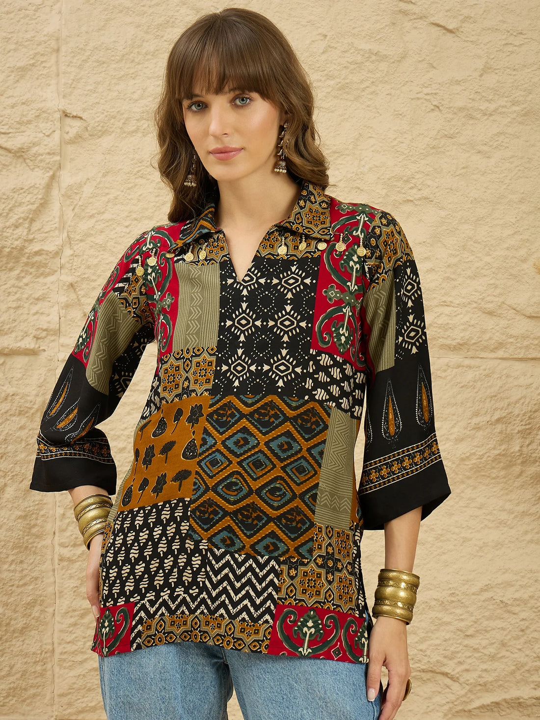 Black Viscose Rayon Ethnic Motif Printed Straight Navratri Short Kurti