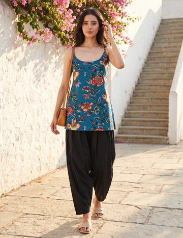 Cotton Blend Floral Print Sleeveless strappy kurti (Rama Green)