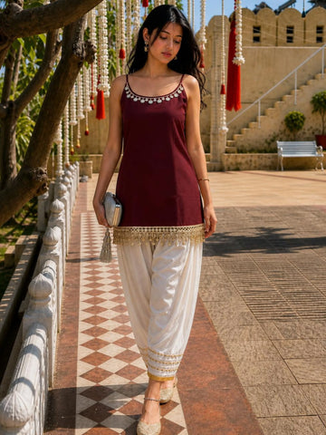 Rust Cotton Silk Solid Mirror Work & Lace Straight Strappy Short kurti