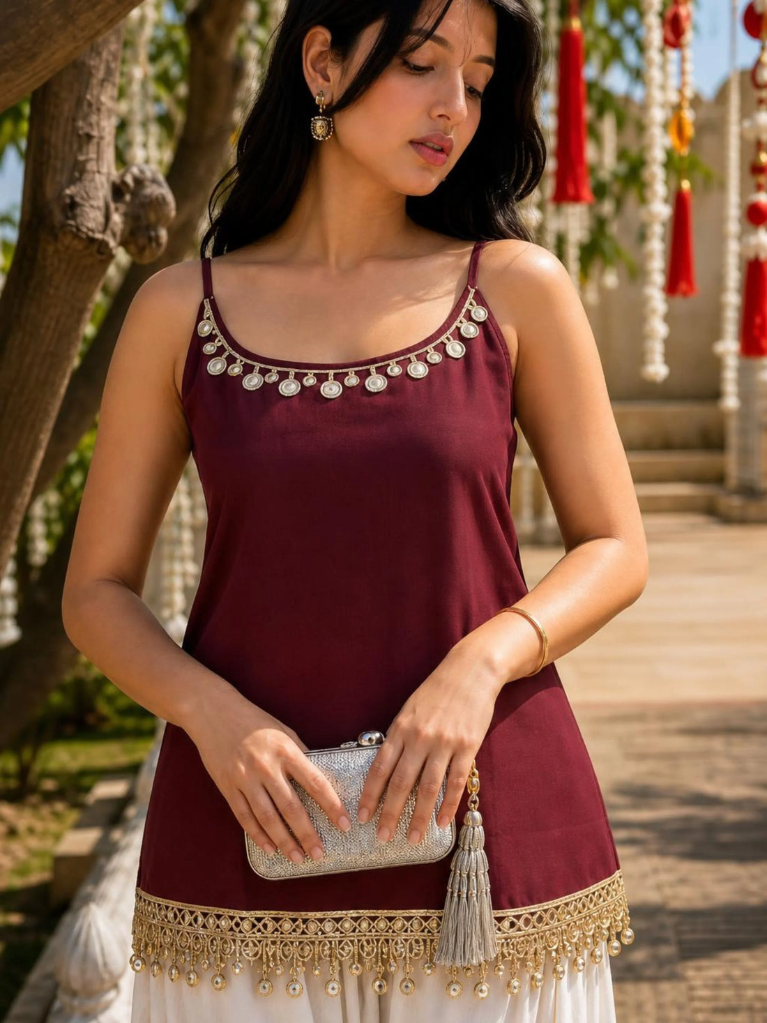 Rust Cotton Silk Solid Mirror Work & Lace Straight Strappy Short kurti