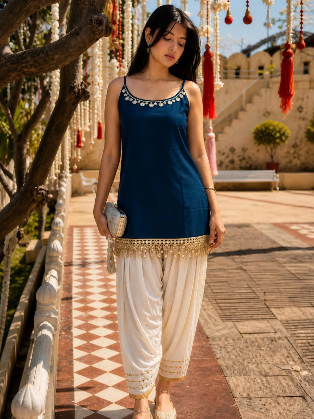 Teal Cotton Silk Solid Mirror Work & Lace Straight Strappy Short kurti