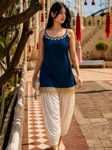 Teal Cotton Silk Solid Mirror Work & Lace Straight Strappy Short kurti