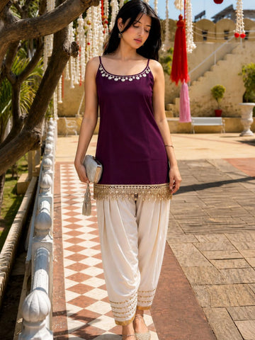 Wine Cotton Silk Solid Mirror Work & Lace Straight Strappy Short kurti