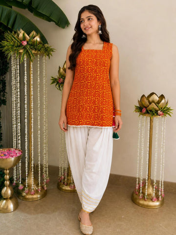 Orange Cotton Blend Abstract Print With Latkan Straight Short Kurti