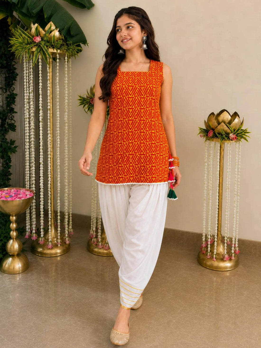 Orange Cotton Blend Abstract Print With Latkan Straight Short Kurti