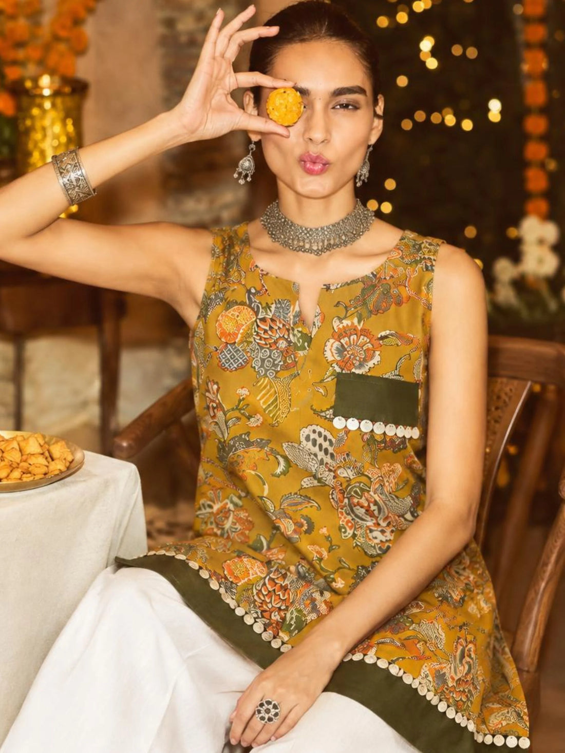 Mustard Viscose Rayon Leheriya Print sleeveless Staright Short Kurti