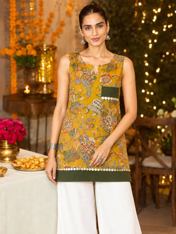 Mustard Viscose Rayon Leheriya Print sleeveless Staright Short Kurti