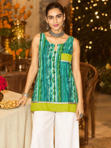 Rama Viscose Rayon Leheriya Print sleeveless Staright Short Kurti