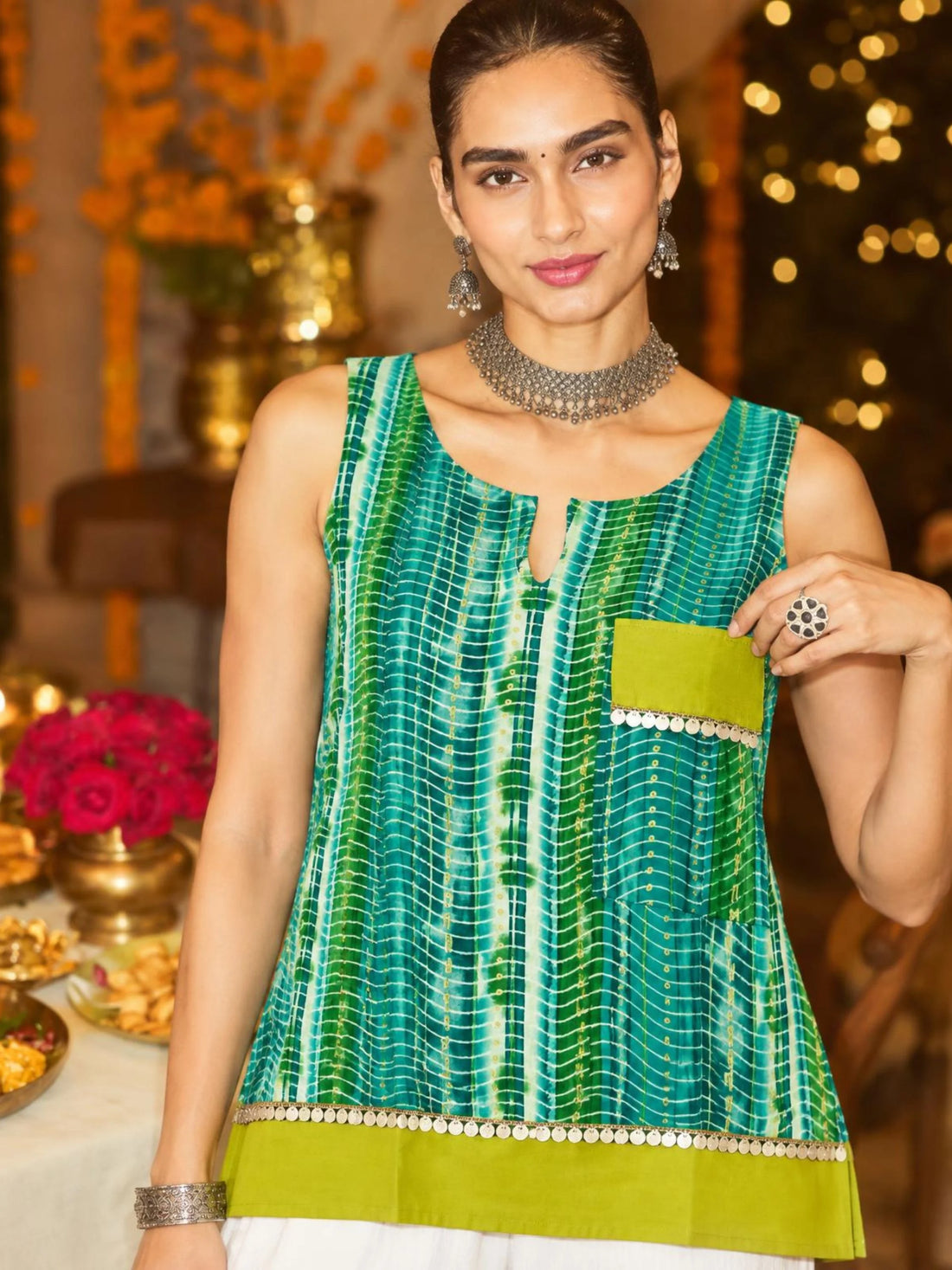 Rama Viscose Rayon Leheriya Print sleeveless Staright Short Kurti