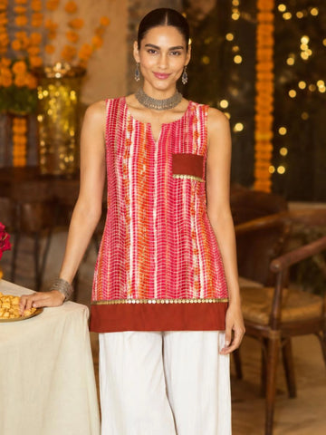 Red Viscose Rayon Leheriya Print sleeveless Staright Short Kurti