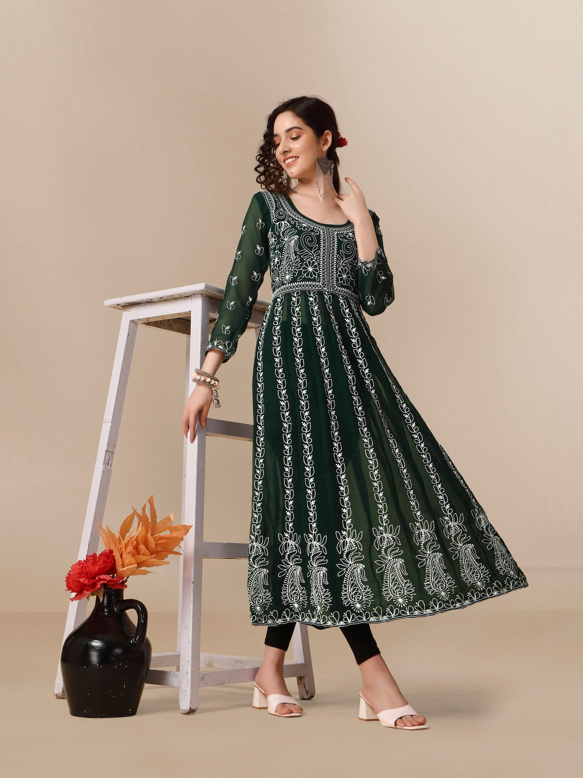Green Georgette Chikankari Embroidered Anarkali Kurta