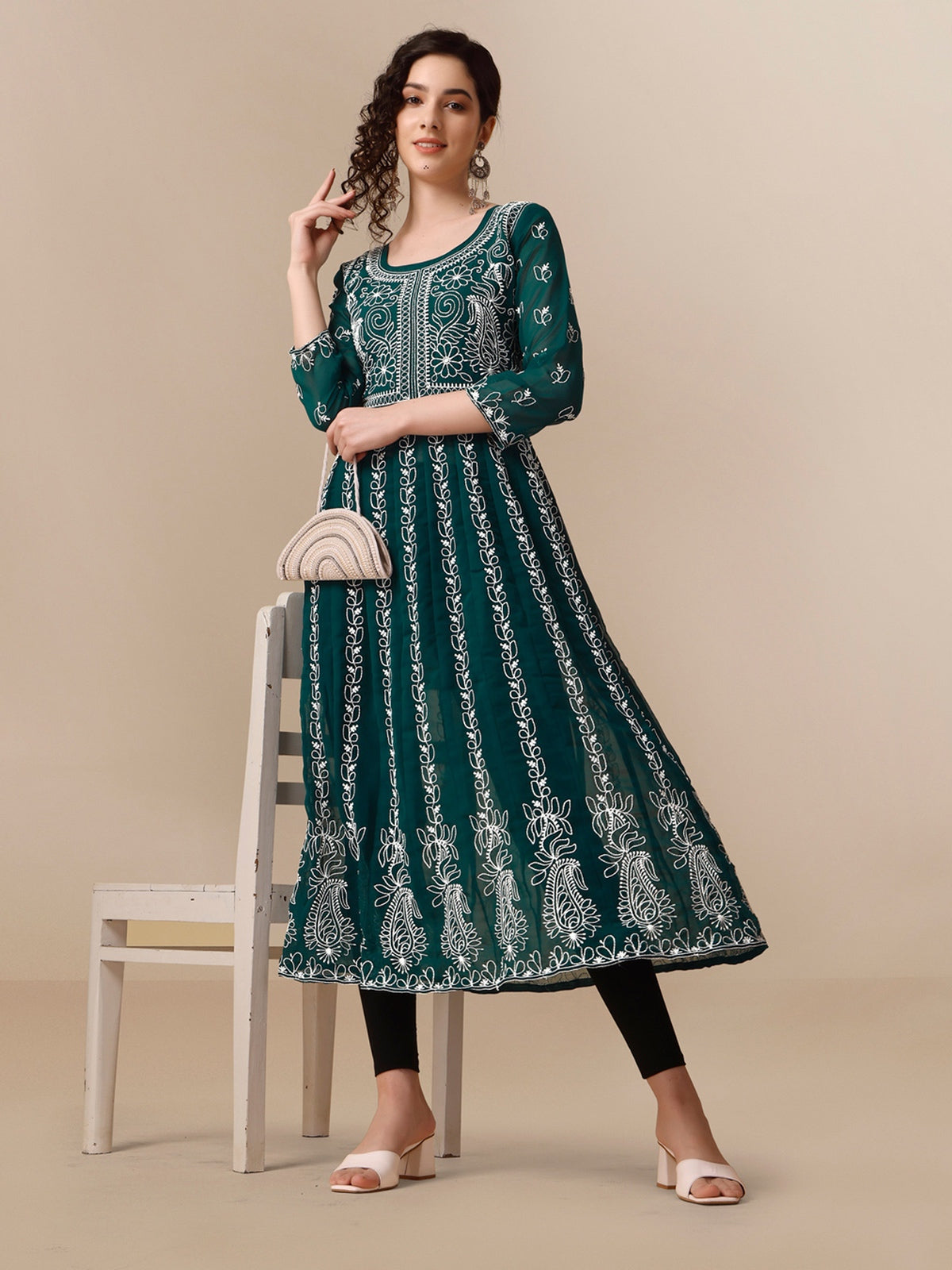 Rama Green Georgette Chikankari Embroidered Anarkali Kurta