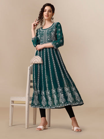 Rama Green Georgette Chikankari Embroidered Anarkali Kurta