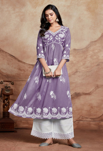 Vichitra Silk Chikankari Embroidered Naira Cut Kurta (Lavender)