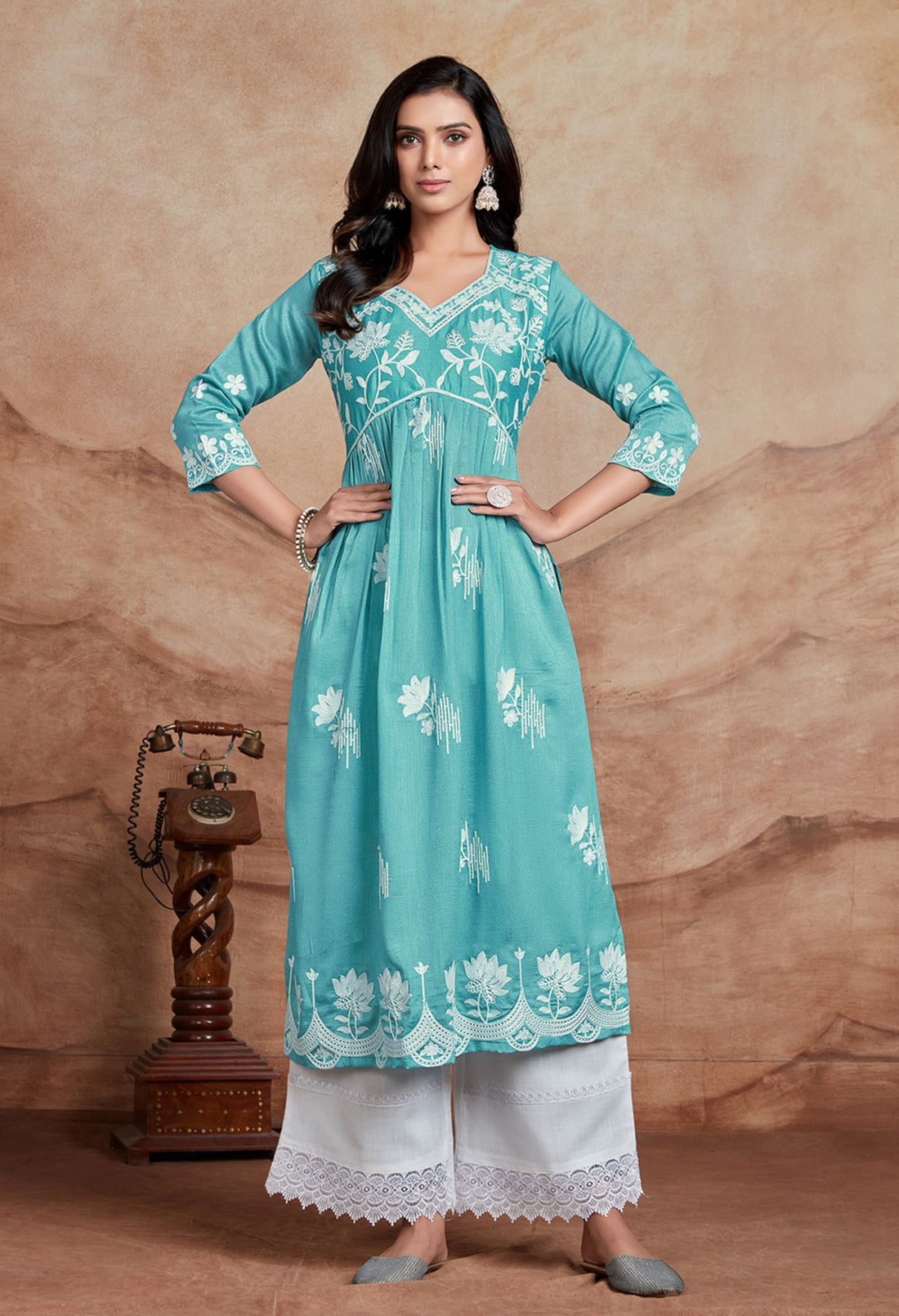 Vichitra Silk Chikankari Embroidered Naira Cut Kurta (Sky)