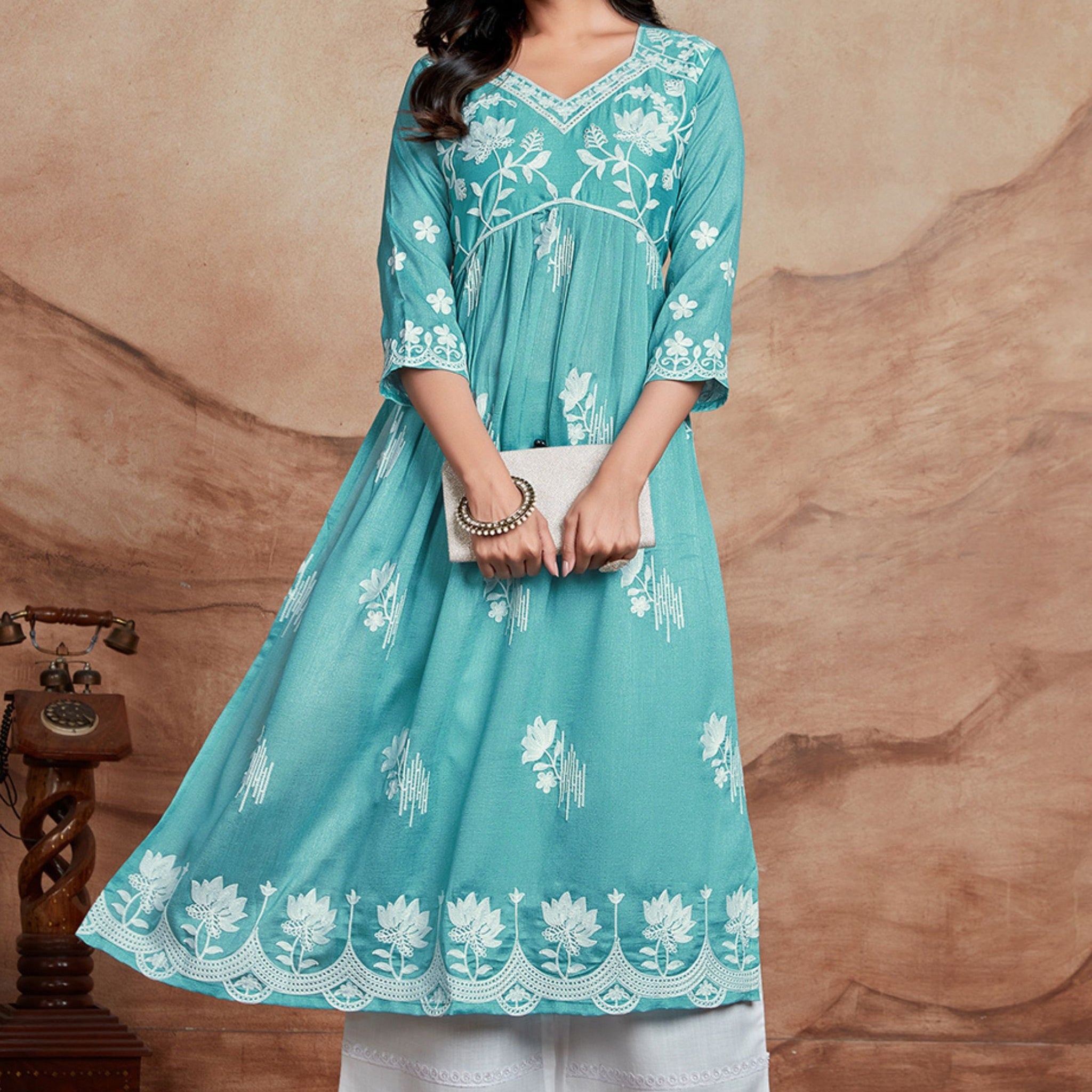 Vichitra Silk Chikankari Embroidered Naira Cut Kurta (Sky)